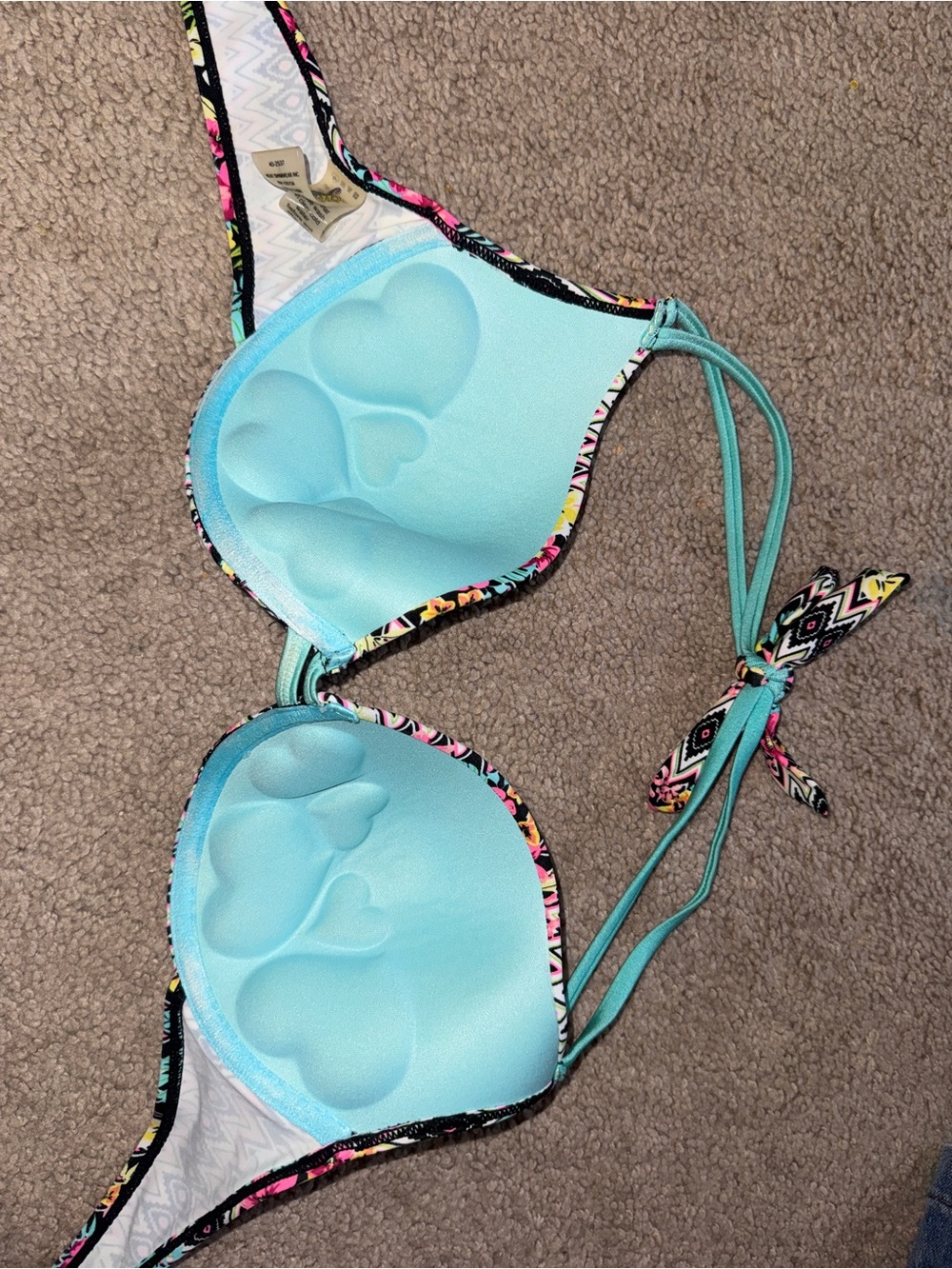 Light Aqua Padded Bikini Top with Multicolor Aztec Trim